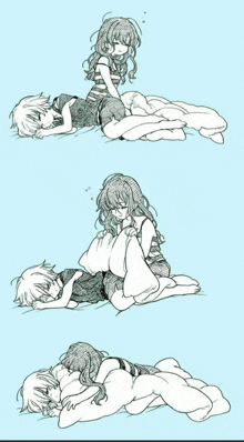 a black and white drawing of a boy and a girl laying on a bed