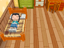 a girl is laying on a bed in a room with wooden floors