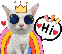 a white cat wearing sunglasses and a crown with a speech bubble saying hi