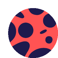 a red and blue circle with black dots on a white background