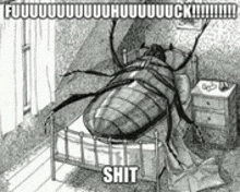 a black and white drawing of a large bug laying on a bed .