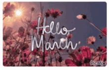 a picture of flowers with the words hello march written on it .