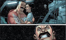 a comic book shows a man and a woman hugging and a man with an angry face