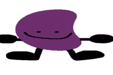 a purple bean with black arms and legs and a smile on its face