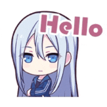 a cartoon of a girl with long white hair and blue eyes says hello .