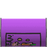 a purple mailbox with a cartoon of a man laying on a bed .