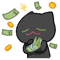 a black cat is holding a stack of money and coins are falling around it