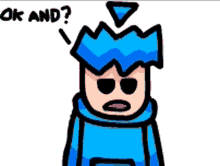 a cartoon character with blue hair and a triangle on his head says ok and