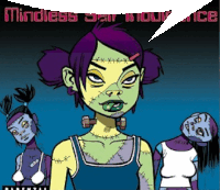 a cartoon of a woman with purple hair and a speech bubble that says mindless jail innocence