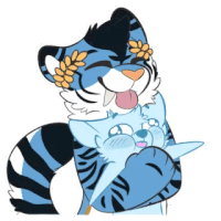 a blue tiger is hugging a blue cat with a wreath on its head .