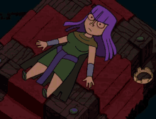 a cartoon character with purple hair is laying down