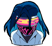 a drawing of a person with long blue hair wearing a mask with the letter n visible on it