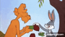 a cartoon of bugs bunny and a kangaroo having a picnic under a tree .