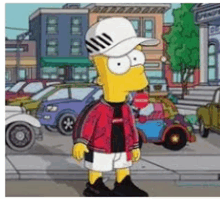 bart simpson is wearing a white hat and a red jacket while standing on a sidewalk .