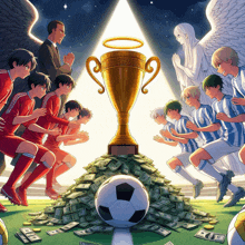 a group of soccer players are kneeling in front of a trophy and a pile of money