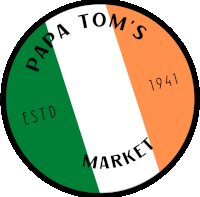 a papa tom 's market logo with an irish flag in the background