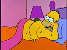 a cartoon of homer simpson laying on a bed with a lamp