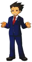 a cartoon character in a blue suit and red tie is shrugging his shoulders