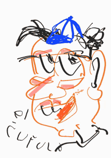 a drawing of a person with a blue hat on their head and the word " cuful " below it