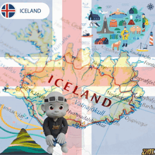 a map of iceland is shown with a cartoon character in front of it