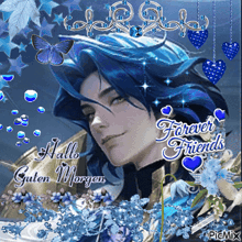 a picture of a man with blue hair with the words forever friends