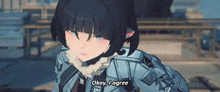 a girl with black hair and blue eyes is talking to someone in a video game and says `` okay , i agree '' .