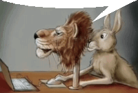 a cartoon of a lion and a rabbit looking at a computer screen