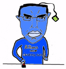 a cartoon of a man with a blue shirt that says billions must destroy sun