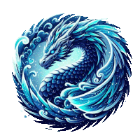 a blue and white dragon is in a circle of water waves