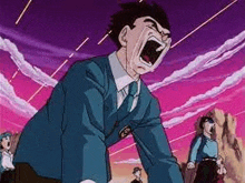 a man in a blue suit and tie is screaming in a cartoon .