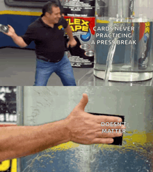 a man in a flex tape shirt stands in front of a glass