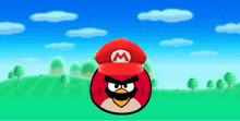 an angry bird wearing a red hat with a mario logo on it