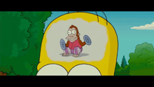 a cartoon of homer simpson with a monkey holding a dumbbell