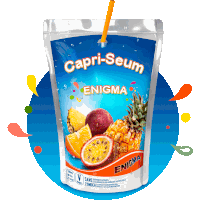 a bag of capri-seum enigma fruit juice with a straw