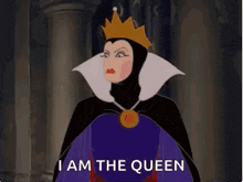 the evil queen from snow white and the seven dwarfs is wearing a crown and a purple robe .