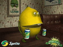 a sprite ad with a lemon holding a can of sprite