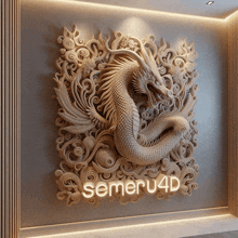 a sculpture of a dragon on a wall with semeru4d written on it