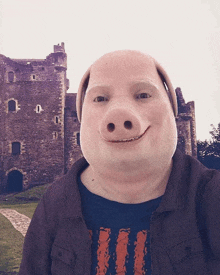 a man wearing a pig mask is smiling in front of a stone building