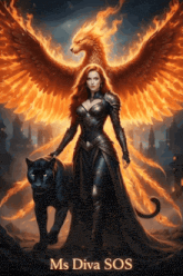 a woman standing next to a panther with a phoenix behind her and the words ms diva sos