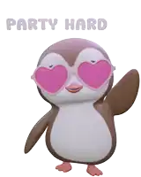 a penguin wearing heart shaped sunglasses with the words party hard above it