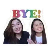 the word bye is on a white background with two women