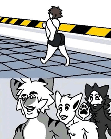 a cartoon of a man walking next to two cats .