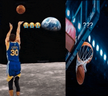 a basketball player with the number 30 on his jersey throws a ball