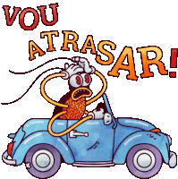 a cartoon of a bug driving a blue car with the words vou atrasar written above it