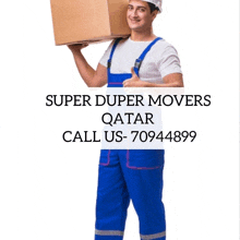 a man carrying a cardboard box with the words super duper movers qatar written below him