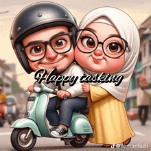 a cartoon of a man and woman on a scooter with the words happy tasking