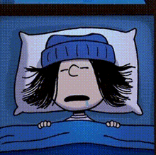 a cartoon character is laying in bed with a pillow and a hat on
