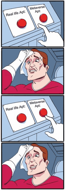 a cartoon of a man pressing a button that says real life and metaverse