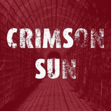 the word crimson sun is on a red background with a brick wall in the background .