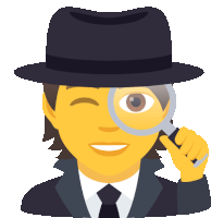 a man wearing a hat and a suit is looking through a magnifying glass